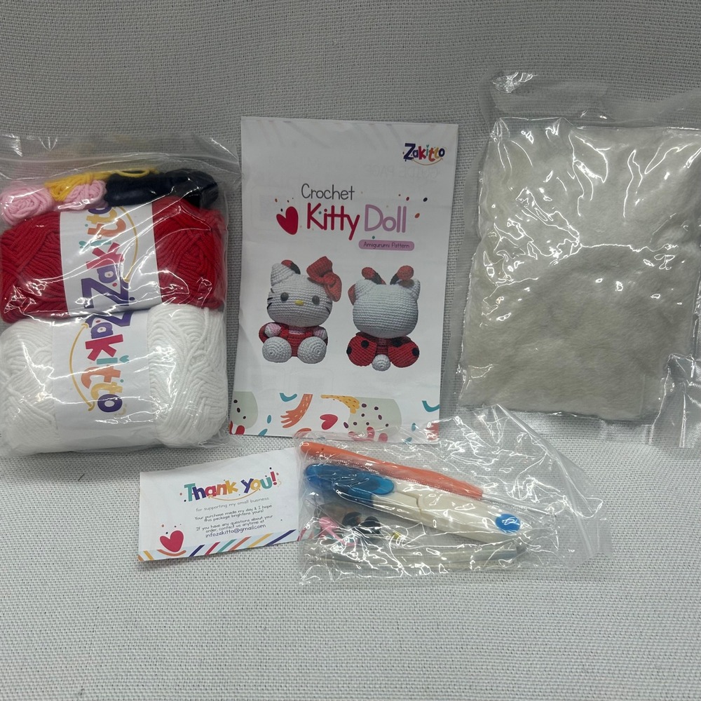 Zakitto Crochet Amigurumi Kitty Doll Kit Red White DIY Craft Set Plushie New